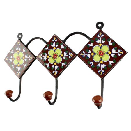 Ceramic Floral Tile Wall Hook in Dark Brown